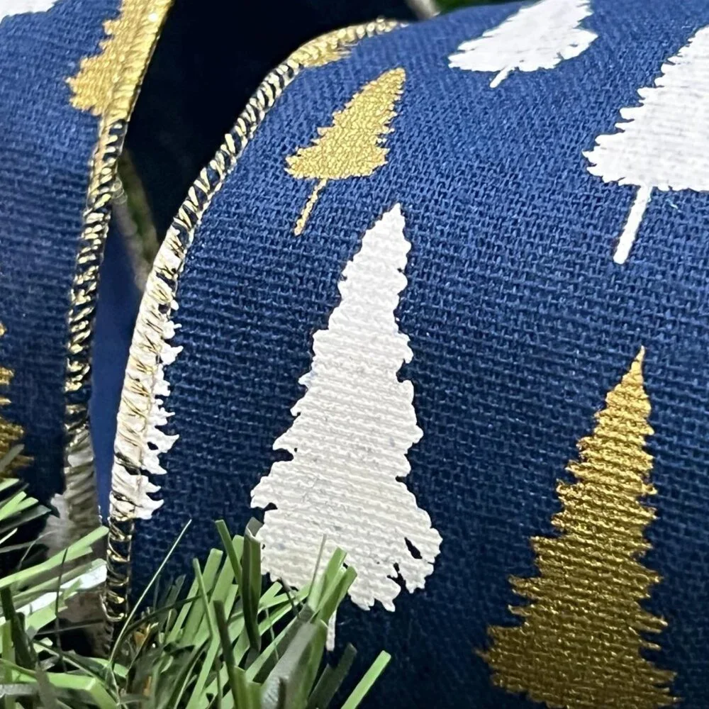 Navy Blue With Gold Stamping and White Printing Christmas Tree Design Ribbon